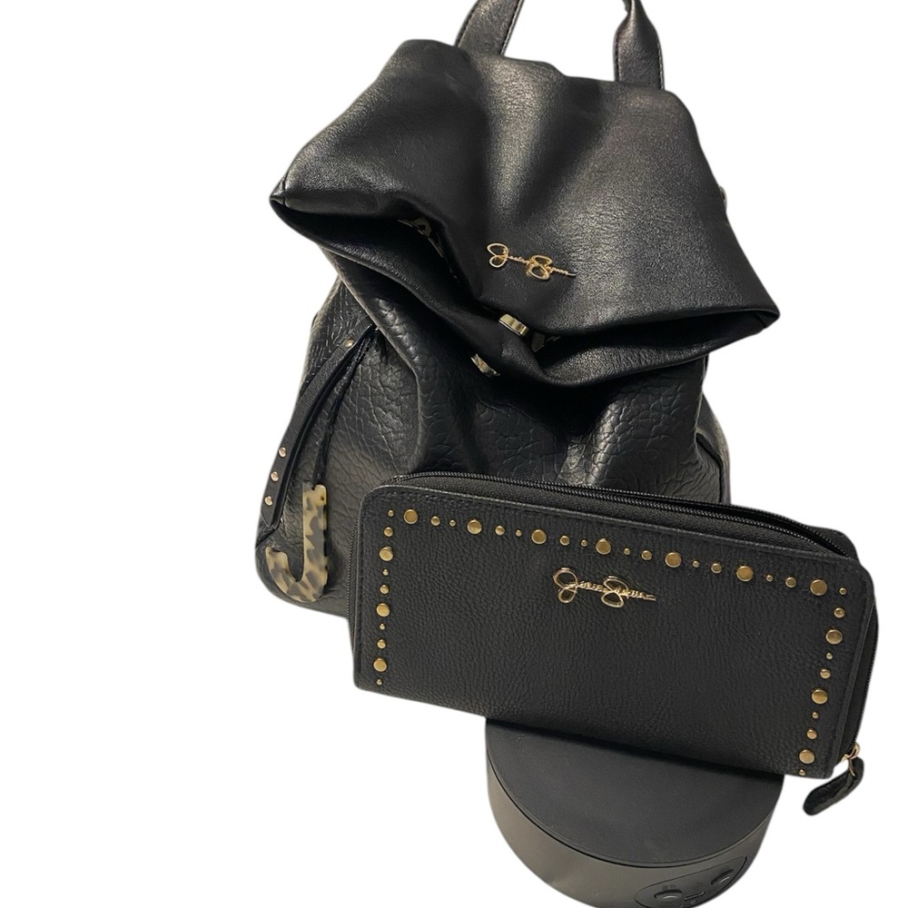 Jessica Simpson Black Leather Backpack and Wallet Set